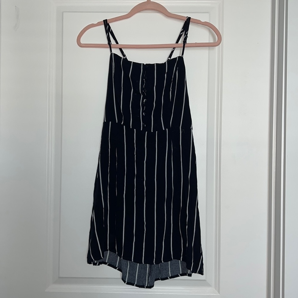 Blue and White Striped Short Dress. Adjustable Back and Straps